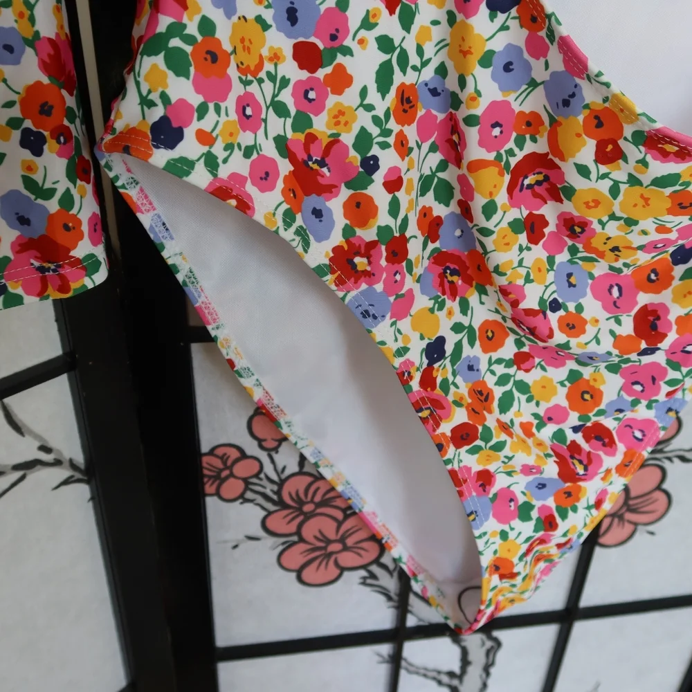 SHEIN Red Pink Floral Long Sleeve Cut Out Tie Chest Swimsuit Plus Size 2XL NWOT